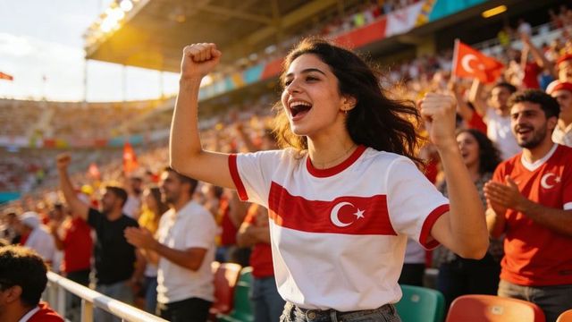 Young turkish fan cheering in stadium wearing crescent star jersey during golden hour match
