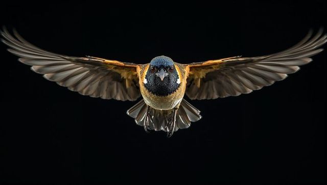 Hovering front-facing passerine with outstretched wings over black background, dramatic closeup