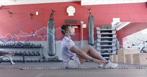 Man performing sit-ups in gym with digital rep tracking overlay and fitness metrics