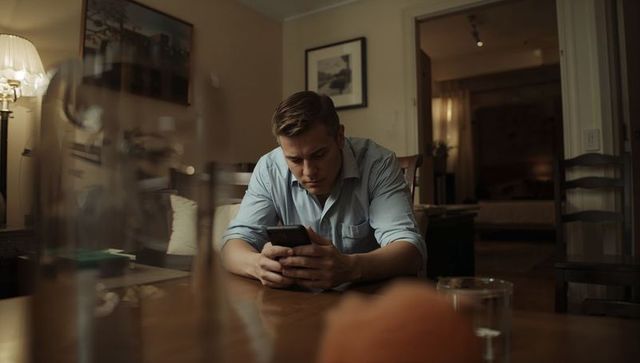 Young man leaning over dining table using smartphone in warm home interior, evening mood