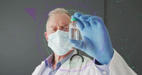 Senior doctor examining vaccine vial with gloved hand and holographic data overlay