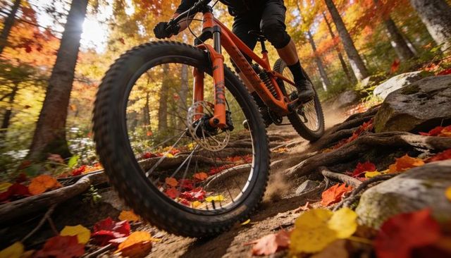 Mountain biker powering orange full-suspension mtb through rooted autumn singletrack