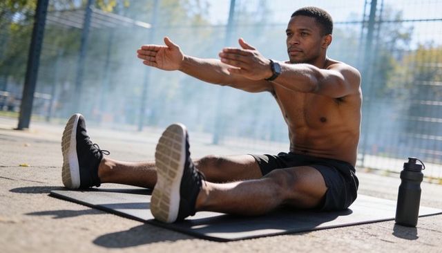 Shirtless athlete stretching forward on exercise mat at outdoor court during sunny workout