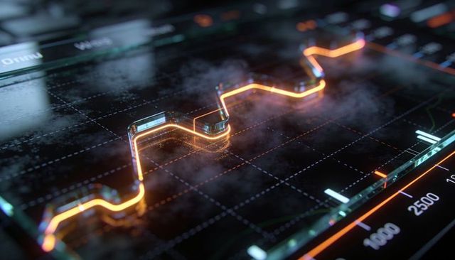 Neon-orange data line moving across futuristic holographic dashboard interface