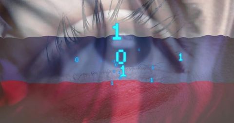 Closeup female eye overlaid with tricolor flag and binary code, cyber surveillance concept