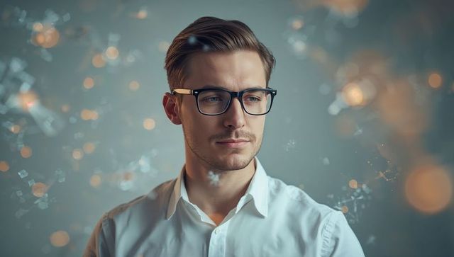 Gazing young professional in glasses and white shirt with abstract bokeh particles
