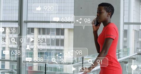 Businesswoman Using Smartphone with Social Media Icons in Modern Office