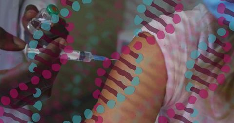 Nurse administering vaccine to upper arm with molecular overlay, syringe and vial closeup