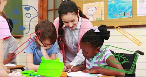 Teacher Assisting Diverse Children with Creative Classroom Activity