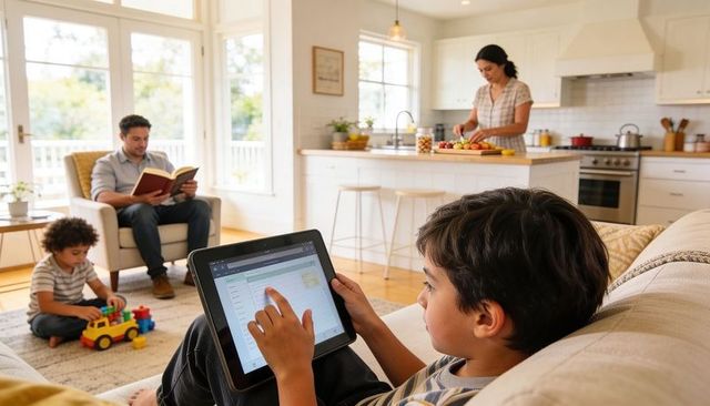 Family relaxing at home with boy using tablet on sofa in bright open-plan kitchen