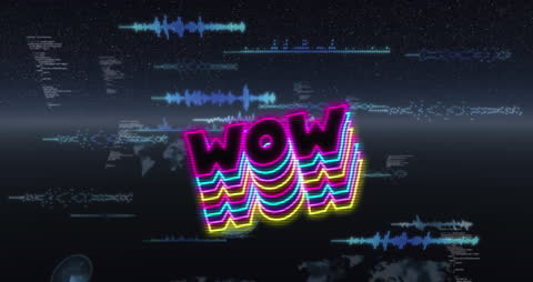 Neon WOW Text with Digital Data Visualization on Black Background