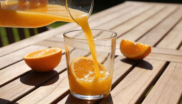 Sunlit orange juice pouring into glass with fresh orange slice on wooden table