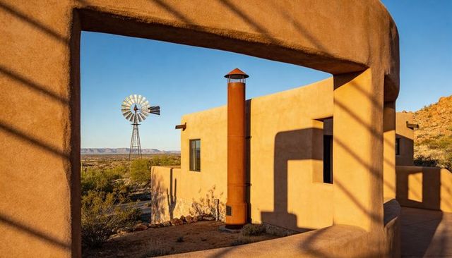 Rounded stucco arch framing sunlit southwestern adobe home with windmill
