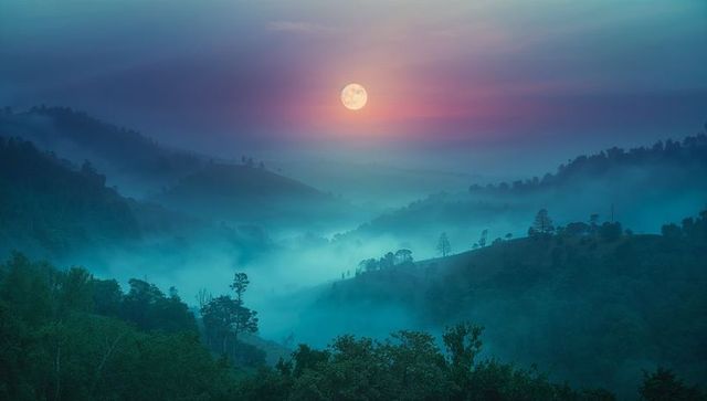 Ethereal Full Moon Illumines Misty Mountain Valley at Twilight