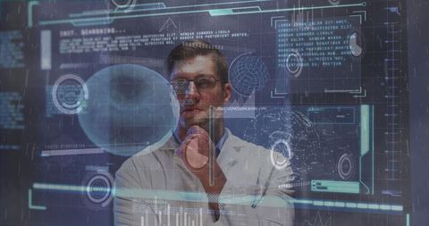 Doctor Analyzing Futuristic Medical Data Interface in Modern Hospital
