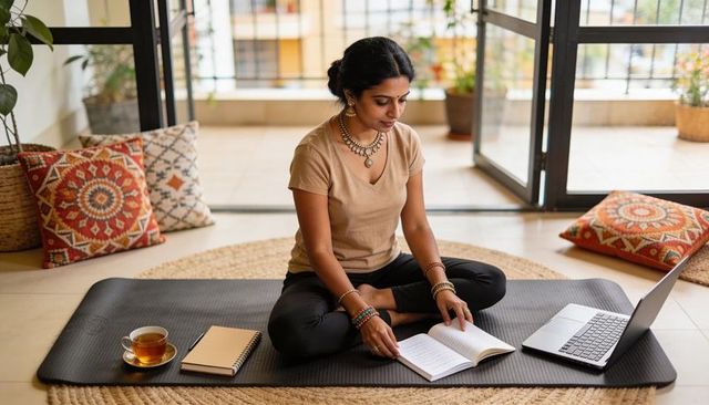 Woman practicing meditation and mindful reading on yoga mat by sunny balcony with laptop