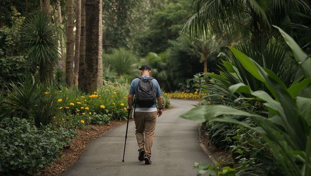 Walking man carrying backpack and cane along lush tropical garden path with yellow blooms