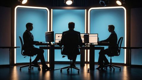 Business professionals analyzing data on multiple screens, talking heads collaboration