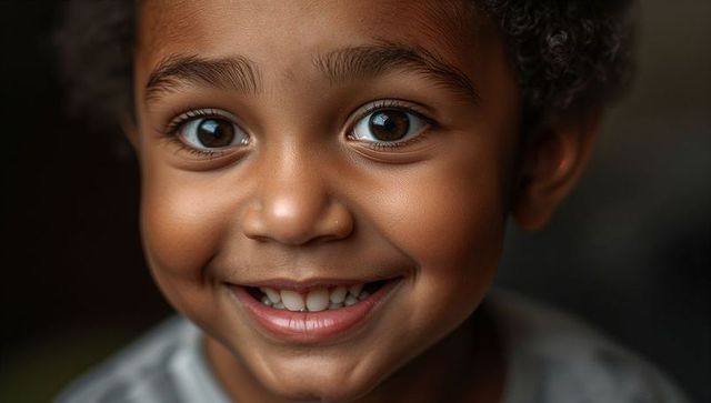 Close-up smiling boy with curly hair and bright eyes capturing joyful childhood moment