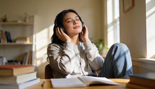 Young woman relaxing with headphones while studying at sunlit desk with open notebook