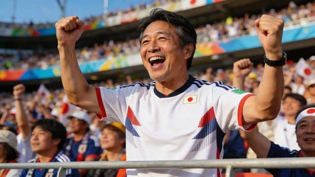 Cheering japanese soccer fan raising fists in stadium crowd front row celebrating victory