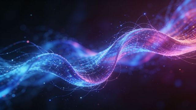 Flowing luminous neon data wave with particle filaments representing connectivity and ai