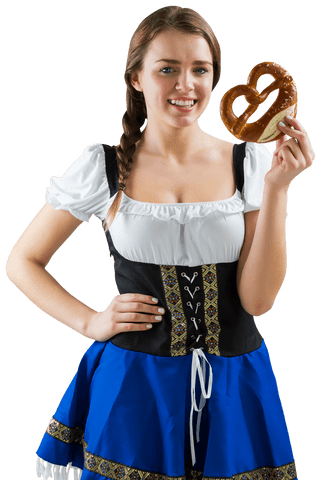 smiling woman in traditional bavarian costume holding transparent pretzel - Download Free Stock Videos Pikwizard.com