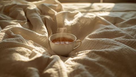 Steaming porcelain tea cup resting on rumpled beige blanket in warm morning sunlight