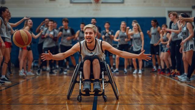 Smiling wheelchair basketball player celebrating midair pass on crowded gym court