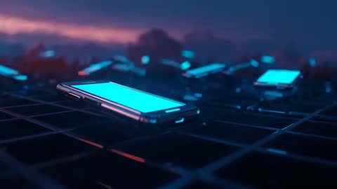Glowing Smartphones on Digital Grid Emitting Futuristic Blue Light