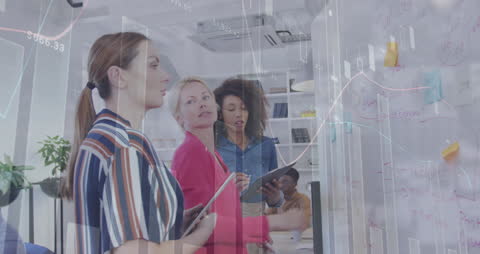 Diverse Team Planning Strategy in Modern Office With Data Overlay