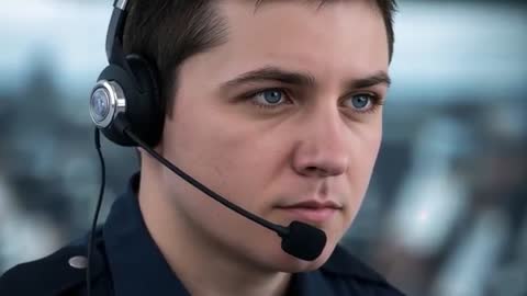 Young Uniformed Operator Listening and Communicating via Headset in Busy Operations Center
