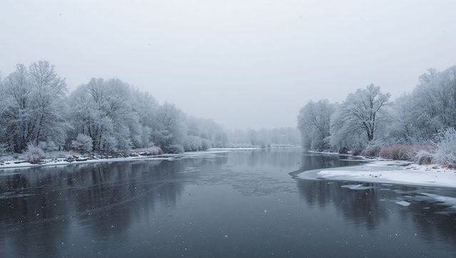 Winter river winding through frosted forest and icy shoreline under soft fog