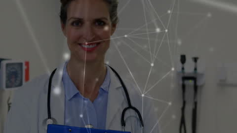 Healthcare Technology on Display with Smiling Doctor and Digital Network Animation