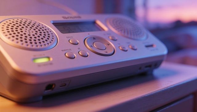 Compact retro bedside radio with glowing led and control pad in moody sunset light