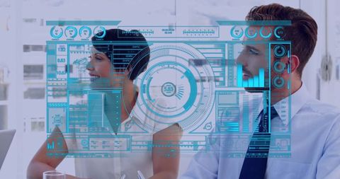 Colleagues Analyzing Transparent Digital Interface in Meeting Room