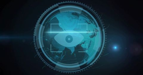 Displaying holographic globe with eye icon in futuristic hud interface for surveillance