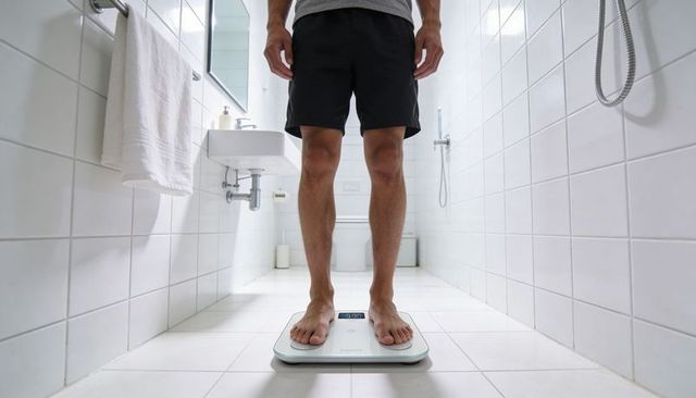 Man standing and weighing on digital scale in bright minimalist bathroom for fitness