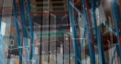 Warehouse Overlaid with Digital Financial Charts for Global Logistics