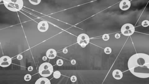 Digital Network Web Overlaying Urban Background