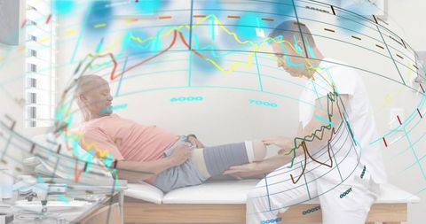 Therapist examining knee with compression sleeve and digital health charts
