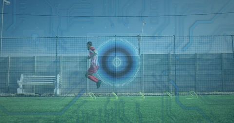 Soccer player training amidst futuristic technology elements