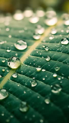 Vertical macro video capturing dew droplets rolling along green leaf vein after rain