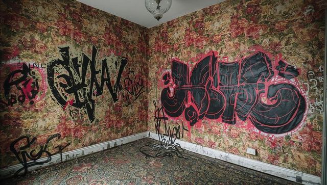 Bold black and red graffiti mural covering vintage floral wallpaper, neglected room corner