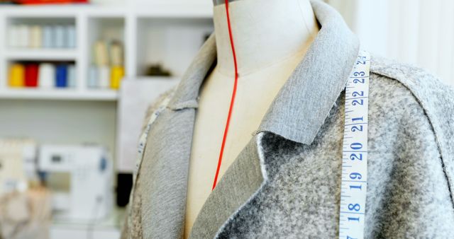 A tailor's mannequin displays a work in progress at a design studio. Measuring tape and fabric indicate the garment is being tailored to fit.