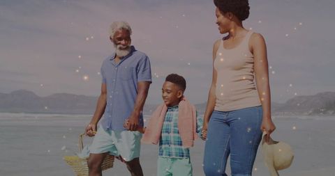 Happy Family Strolling Peaceful Beach Holding Hands