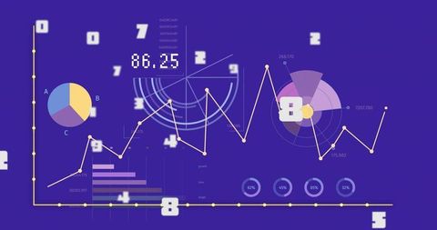 Futuristic data dashboard displaying neon line chart, radial infographics and analytics