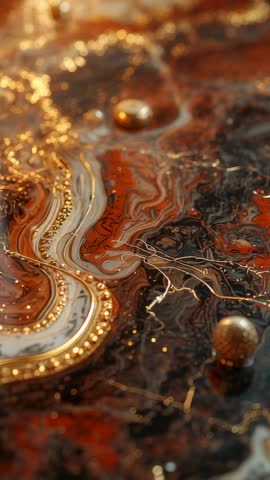 Vertical panning resin art panel revealing swirling gold veins, metallic spheres and trim