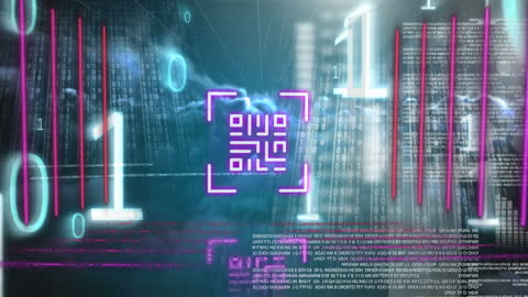 Futuristic Digital Security Interface with Binary Code and Cityscape