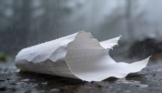Torn Notebook Paper Curling on Rain-Soaked Pavement with Water Droplets and Ragged Edges